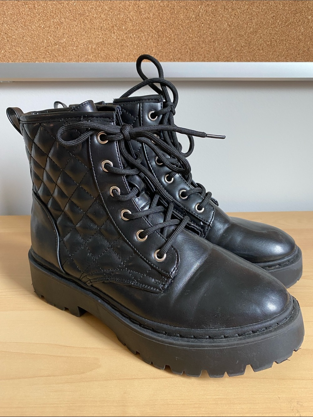 Black Quilted Lace-Up Platform Combat Boots - Girls/Youth